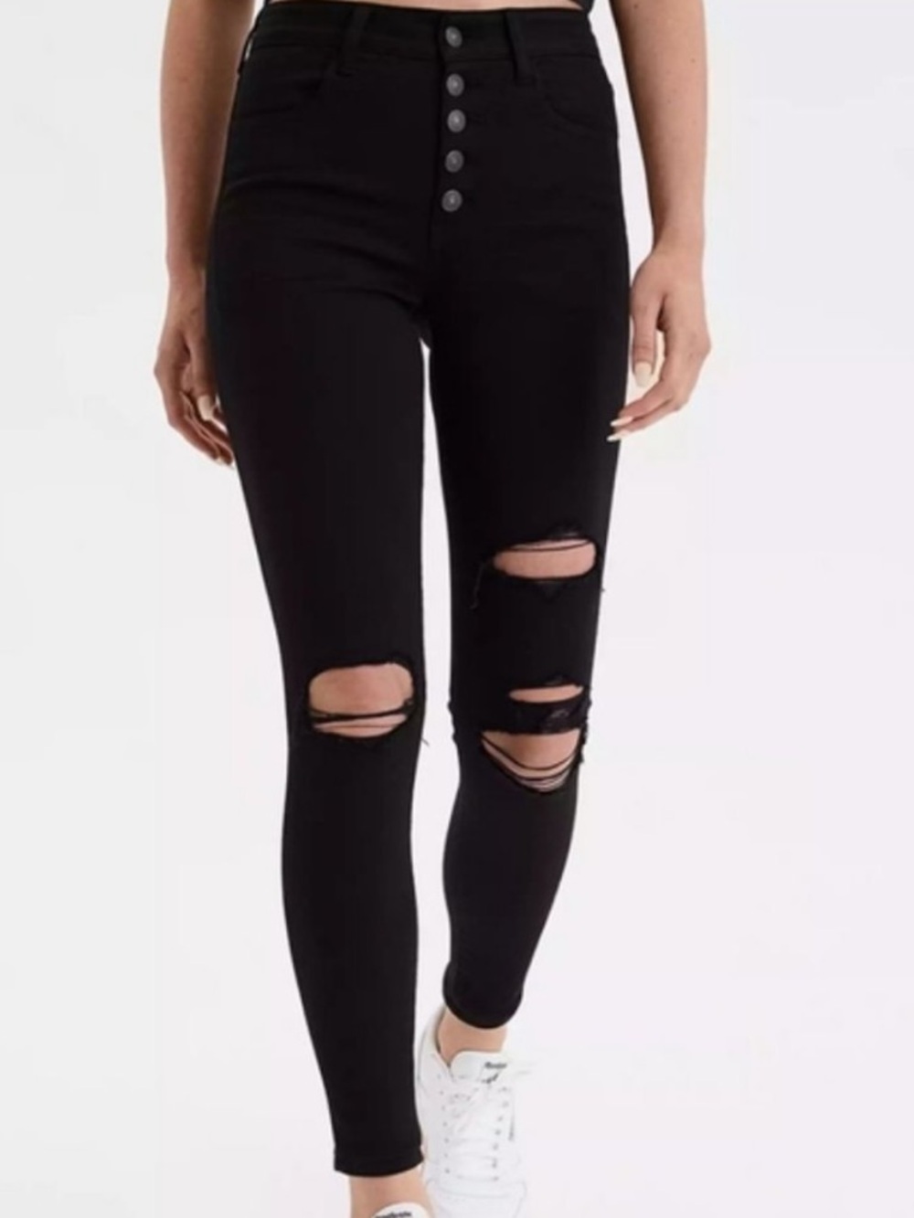 American Eagle Black Distressed Button Fly Skinny Jeans 10 Next Level Stretch 10